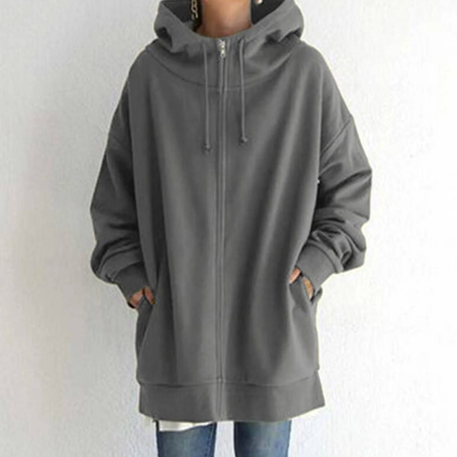 

Women Hip-hop Hoodie Long Sleeve Coat Solid Color Zipper Drawstring Hooded Cardigan Travel Outdoor Wear Winter Warm Sweatshirt