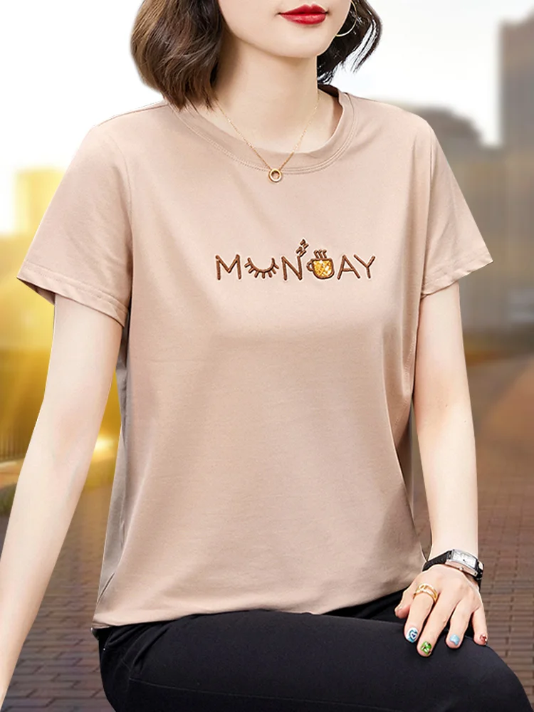 Женская хлопковая футболка с коротким рукавом Новинка лета 2024 свободная летняя