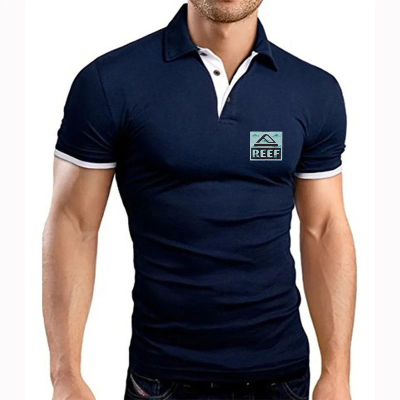 

Reef 2023 New Men Polo Shirt Luxury Print Polos Stand Collar Slim Fit Breathable Solid Color Short Sleeve Tops Business Wear