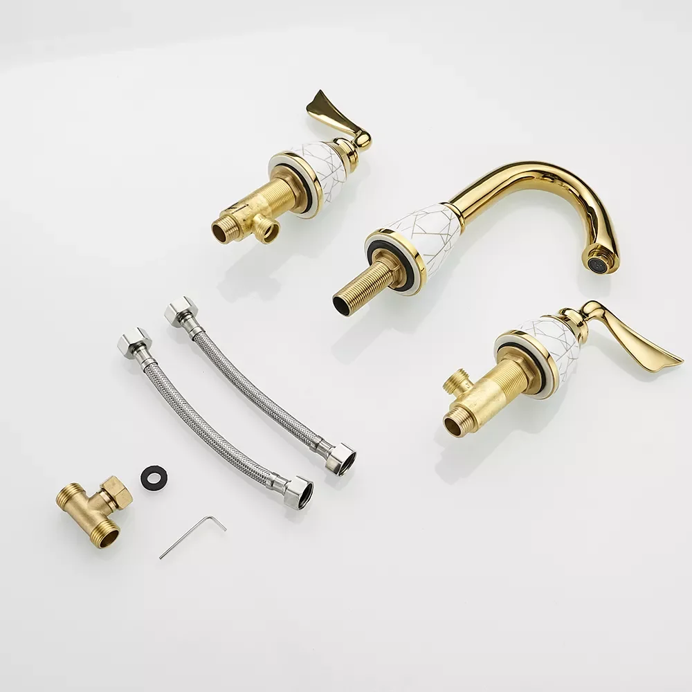 

Gold Deck Mounted Bathtub Faucet Set 3 Holes Widespread Tub Mixer Bathroom Goose Neck Bath Shower Set with Hand shower YS-619K
