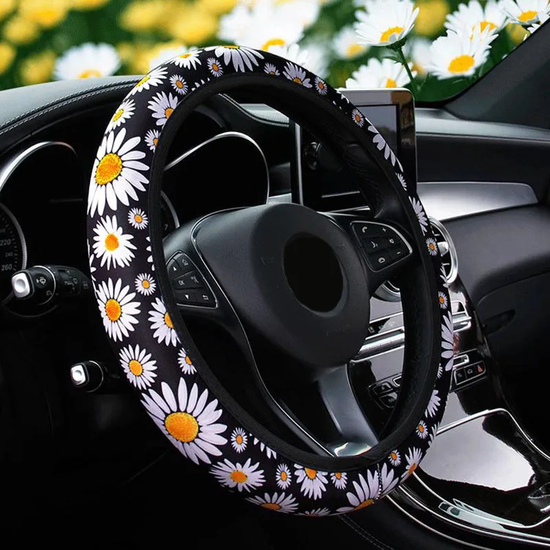 

Universal Steering Wheel Cover Wheel Anti-Skid Cover Daisy Elastic Printed Protector Steering Protable Reliable