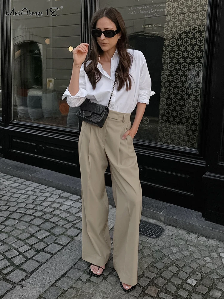 

Mnealways18 Classy Women High Waist Pants Pleated Causal Floor-Length Wide Legs Trousers Office Ladies Pockets Long Pants 2023