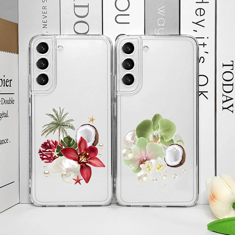 Фото Мягкий чехол для телефона Samsung Galaxy S26 S25 Ultra S24 S23 S22 Plus S21 FE S26+ S25+ с тропическими мотивами: ракушки и плоды гибискуса №1