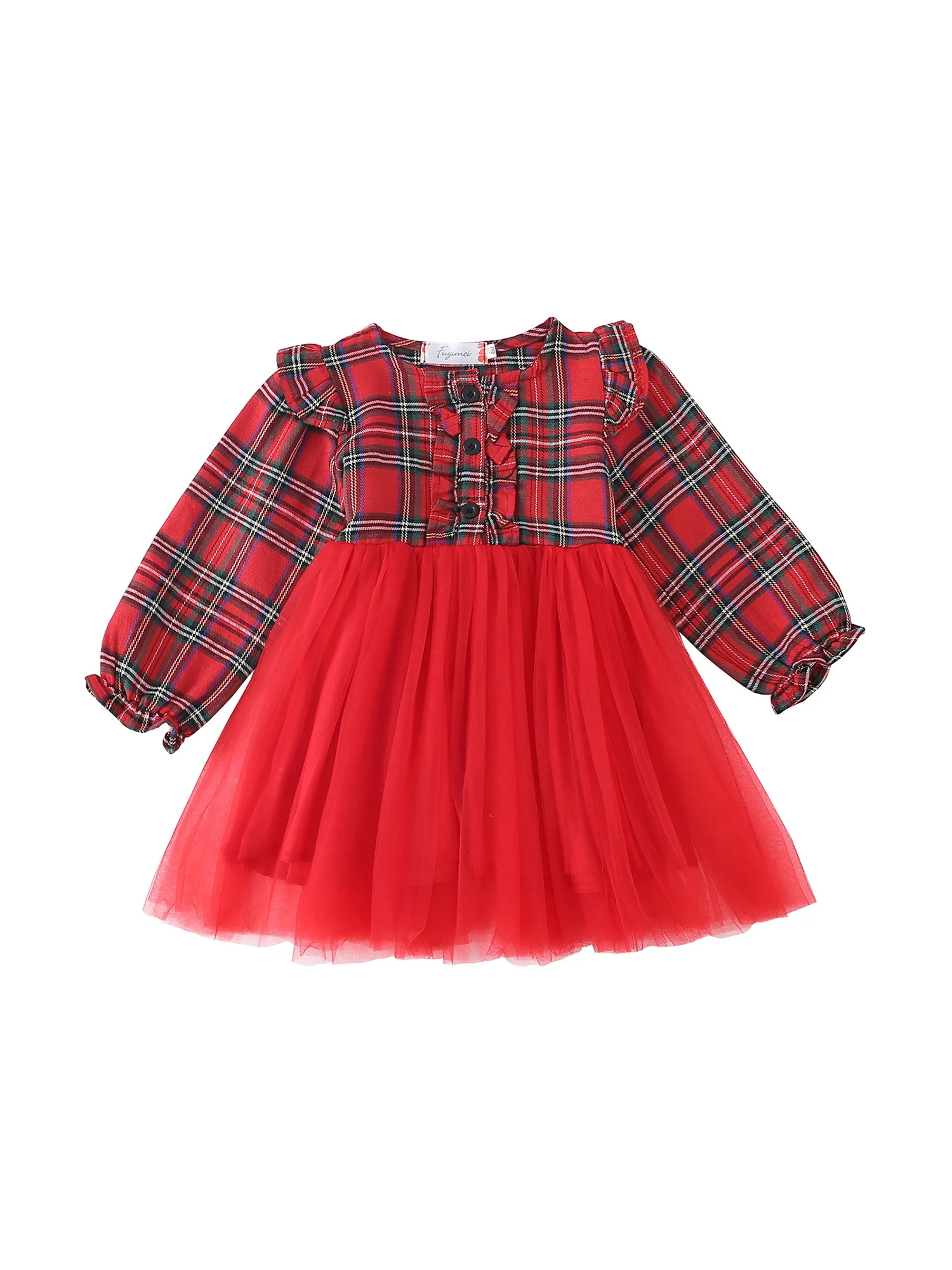 

Toddler Baby Girls Christmas Buffalo Plaid Ruffle Long Sleeve Tulle Lace Skirt Tutu Dress Princess Outfits