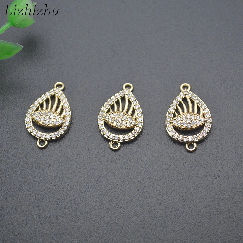 Good Quality Color Remain  Gold Plating CZ Pave Waterdrop Evil Eye Charm Connectors for DIY Fashion Woman Jewelry Making 10pc