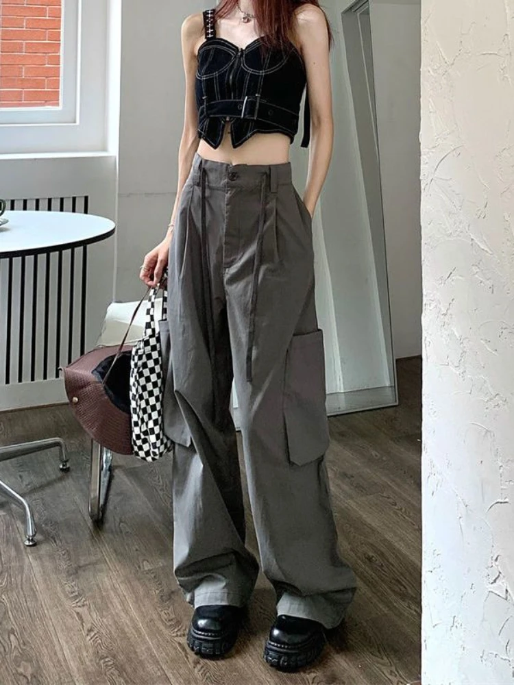 

QWEEK Y2K Harajuku Gray Cargo Pants Women Korean Fashion 90s Retro White Wide Leg Trousers Oversized Kpop Hip Hop Baggy Casual