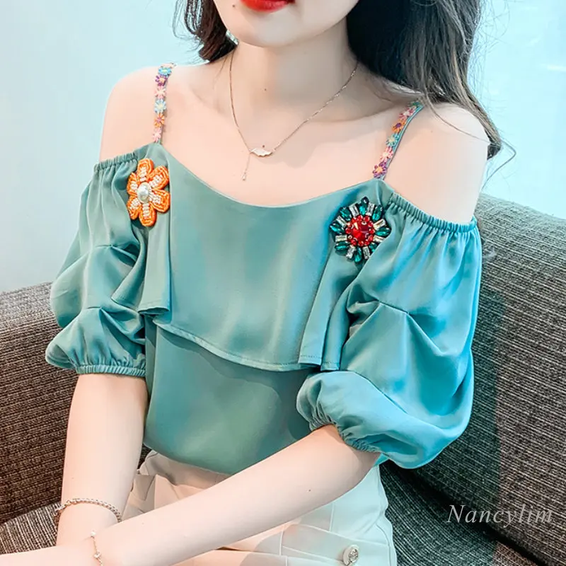 

2023 Summer Women's Vacation Blouse New Ruffled Sweet Fresh Off-Shoulder Embroidered Chiffon Shirt Sling Top Green Blusas
