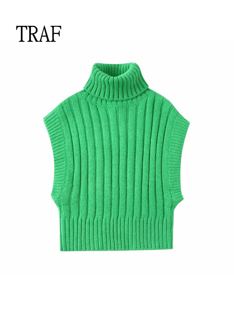 

Зеленый свитер-жилет TRAF, Женский Осенний модный жилет с высоким воротником без рукавов, женская одежда, теплые вязаные жилеты, шикарные топы...