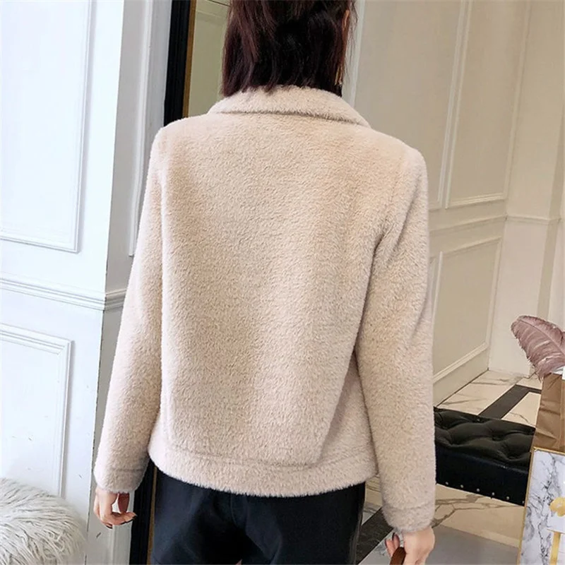 

Winter Korean Women Faux Mink Cashmere Woolen Coat Ladies Cardigan 4 Color Long Sleeve Big Pocket Thick Short Outerwear Female