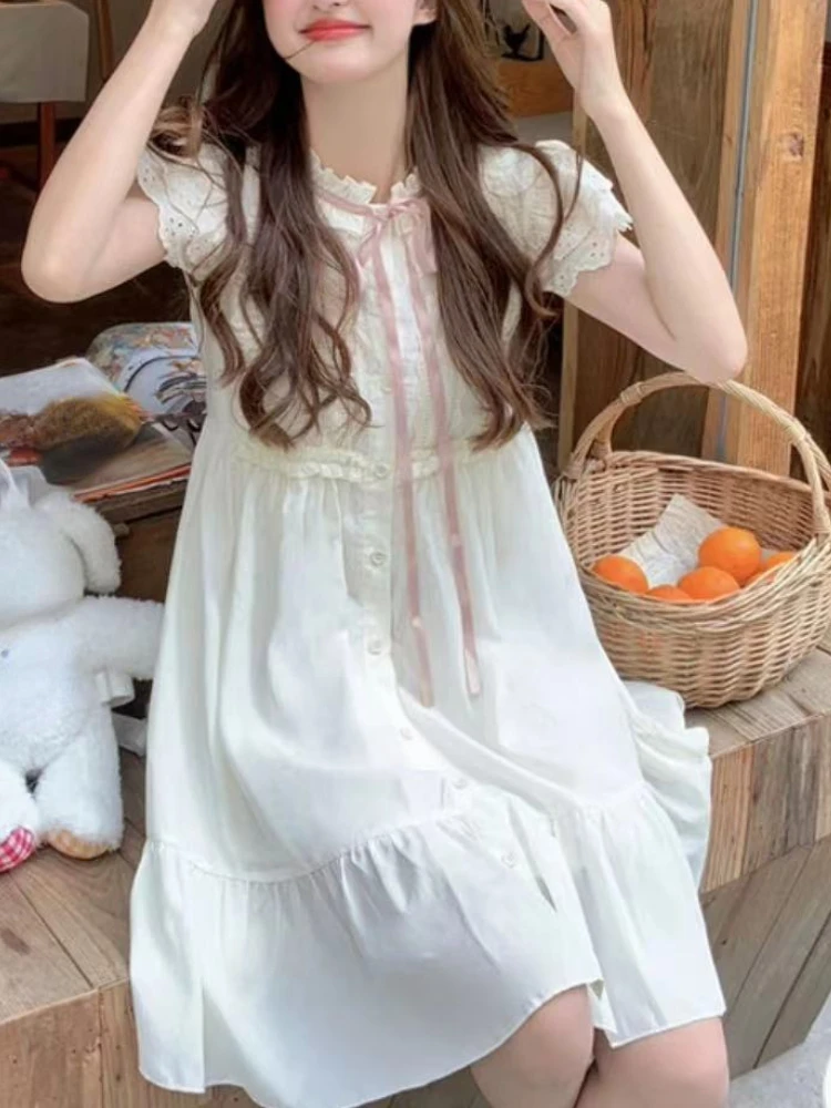 

Flying Sleeve Lolita Kawaii Dress Women Ruffles Lace Japanese Sweet Mini Dress Female Dress Pure Colour Cute Fashion Dress 2023