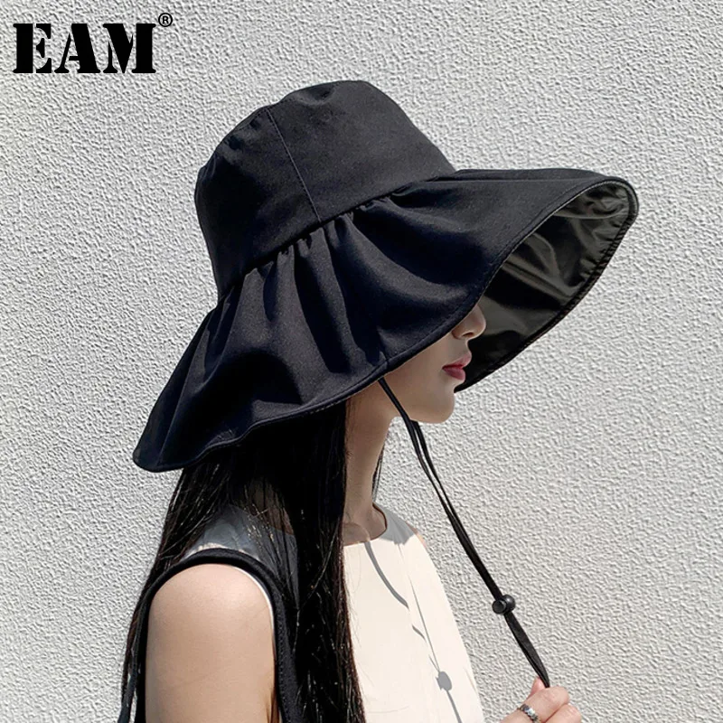 

[EAM] Женская Черная Повседневная плиссированная шляпа в рыбацком стиле, новинка, Круглый купол, темпераментная мода, подходит ко всему, весна-осень 2023 1DF6960