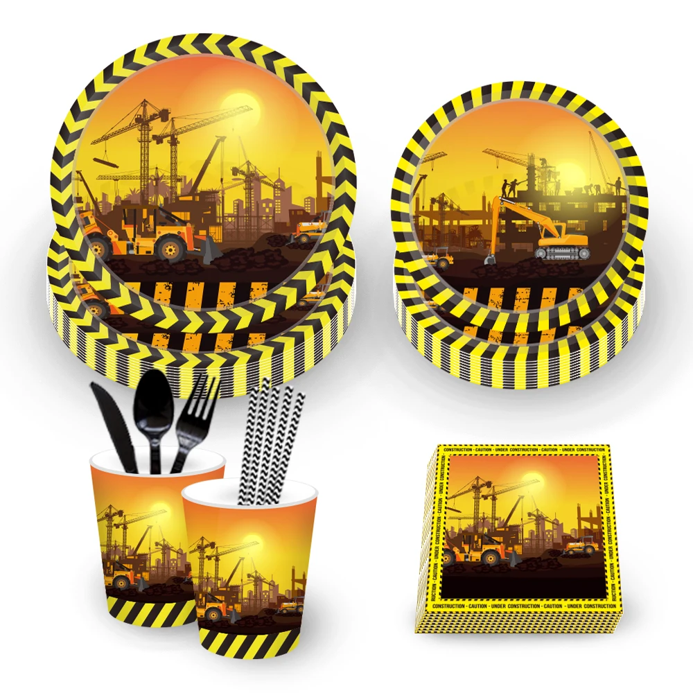 

Construction Exavator Truck Car BIRTHDAY Party Disposable Tableware Sets Paper Plates Cups Tissues Baby Shower Party Decorations