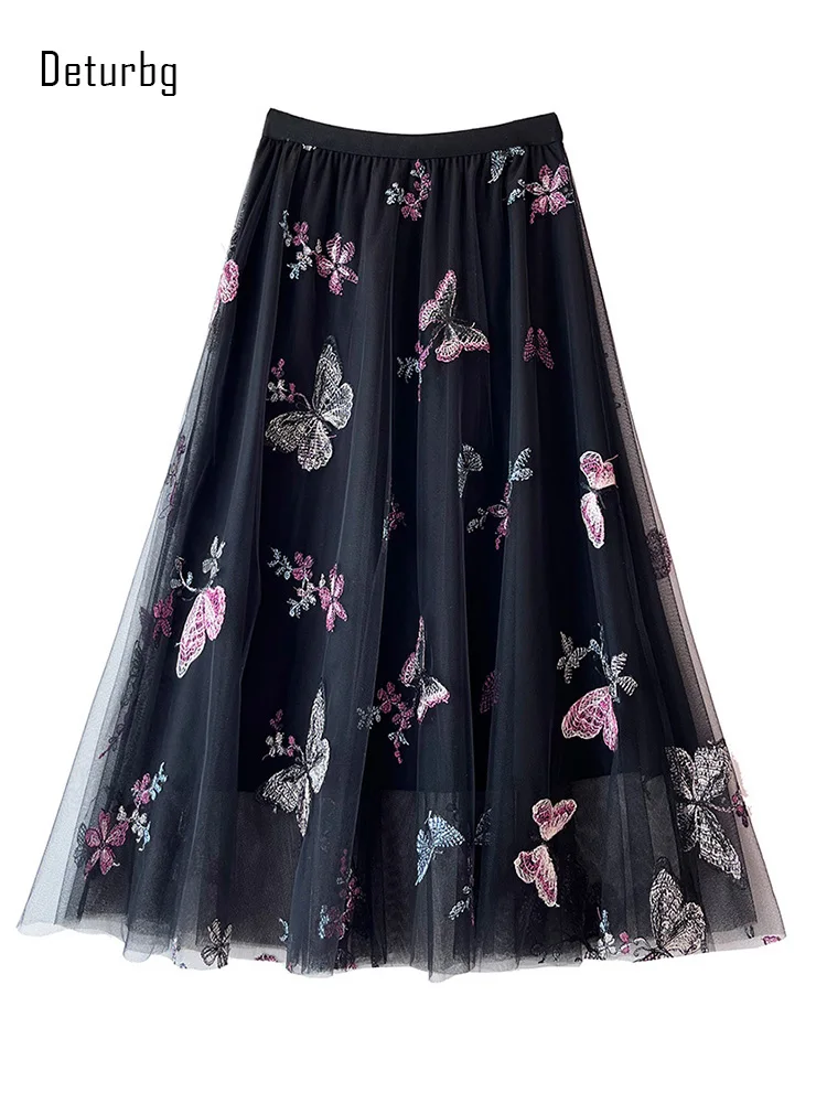 

Женская винтажная юбка с вышивкой бабочки, длинная фатиновая юбка-трапеция с высокой талией, плиссированная сетчатая юбка Y2K, осень 2023, K355