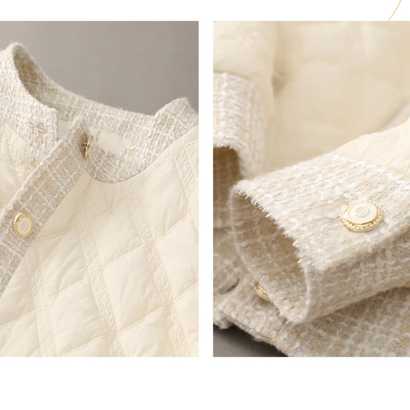 Vimly Winter Parkas Jacket for Women Elegant and Chic Button Spliced Tweed Short Cotton Padded Coat Female Clothing V6686