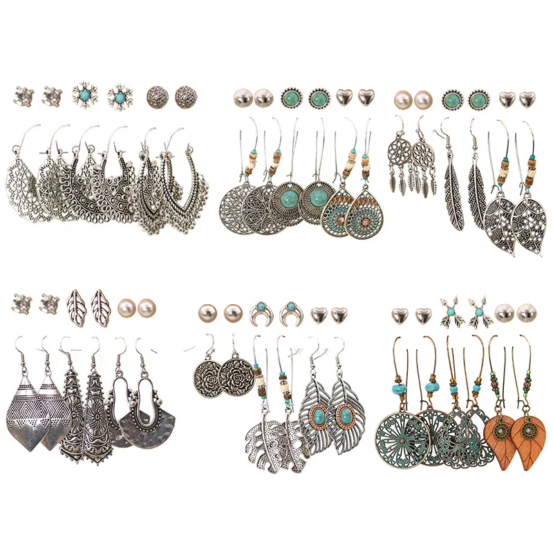 

Wholesale Fashion Exaggerating Heart-Shapaed Hollow Semicircle Stud Earrings 6 Pairs Set Leaf Feather Vintage
