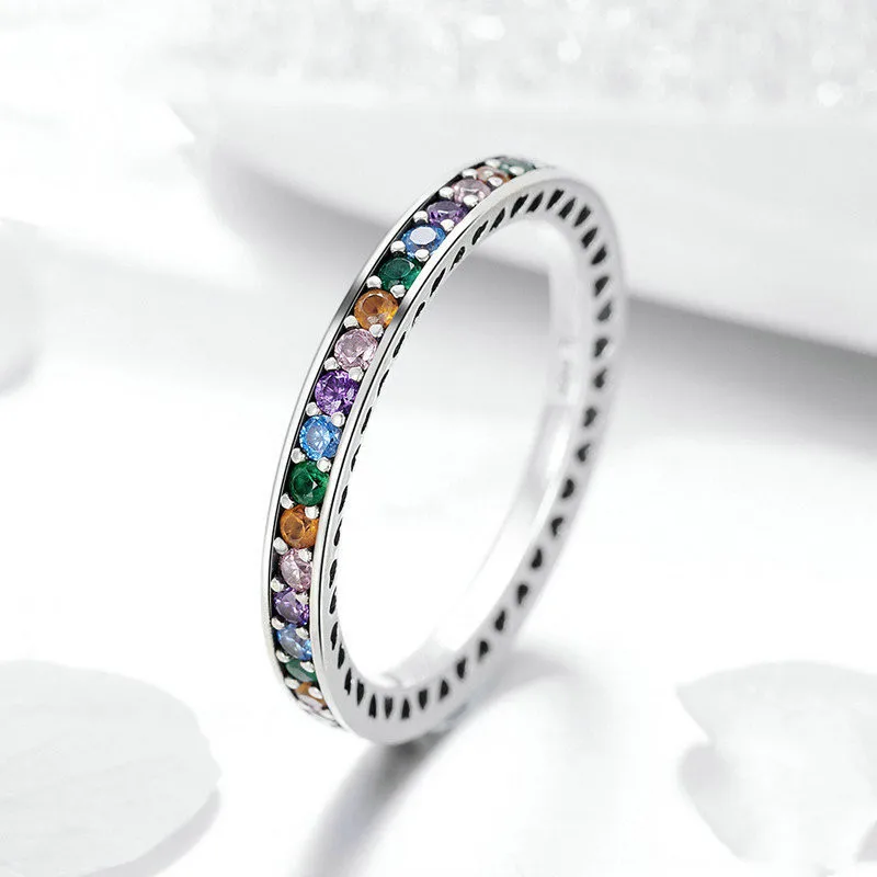 

3mm Colorful CZ Eternity Ring Thin Engagement Wedding Birthstone Rainbow Color Classic Simple Round Simple Ring