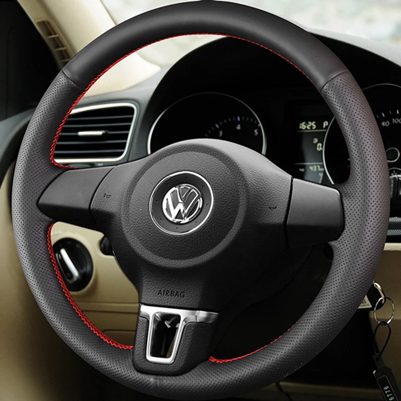 

DIY Black Faux Leather Breathable Car Steering Wheel Cover For Volkswagen Golf 6 Mk6 VW Polo Sagitar Bora Santana Jetta MK5