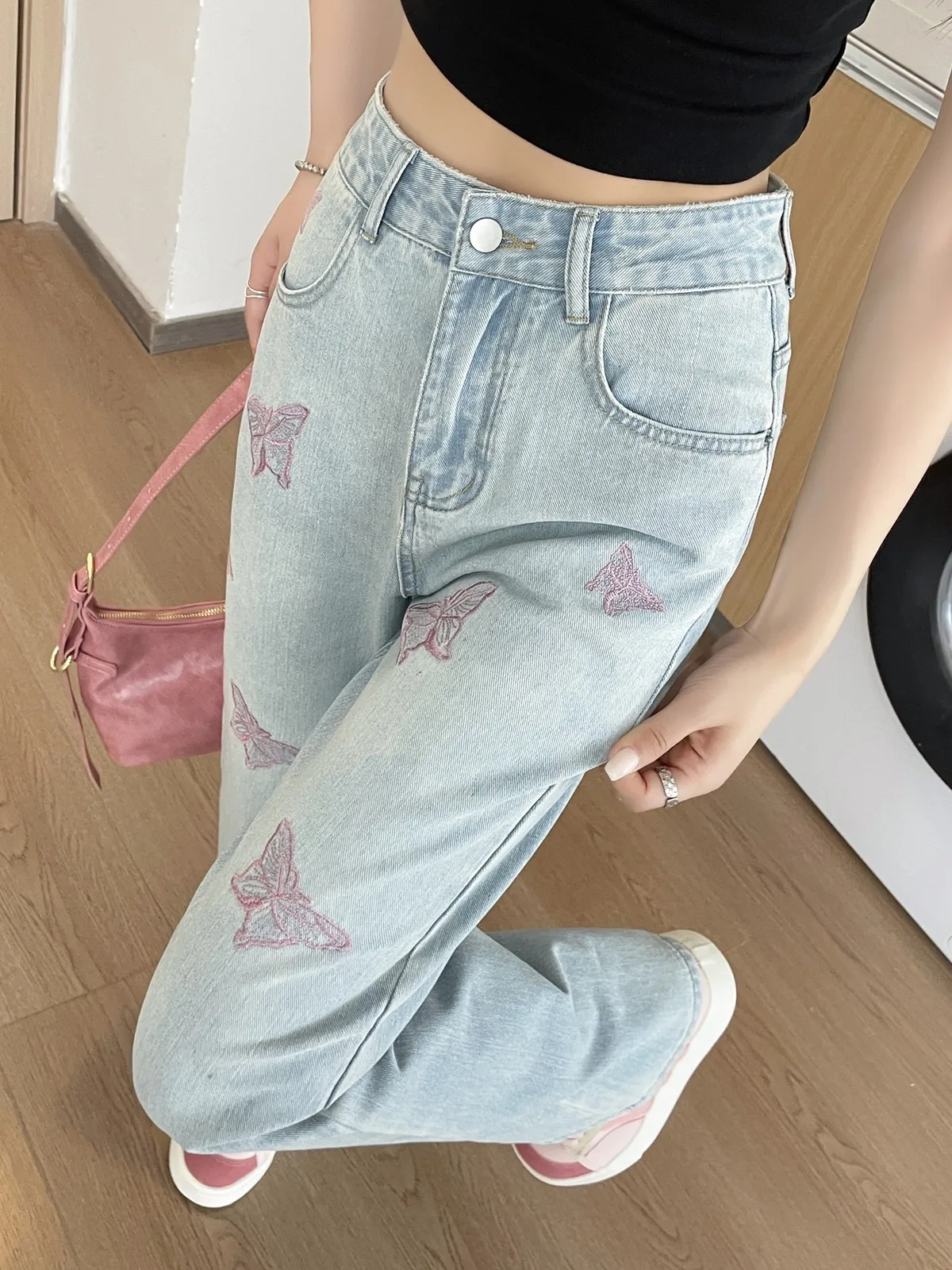 ZHISILAO новые джинсы с принтом бабочки женские синие классические прямые джинсовые