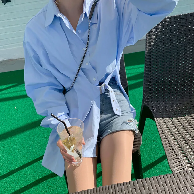 

2021 Spring Fall Brief Fashion Trend Lady Irregular Blue T-Shirts Coat Women New Long-sleeved Tshirt Female Plus Size Tops Wear