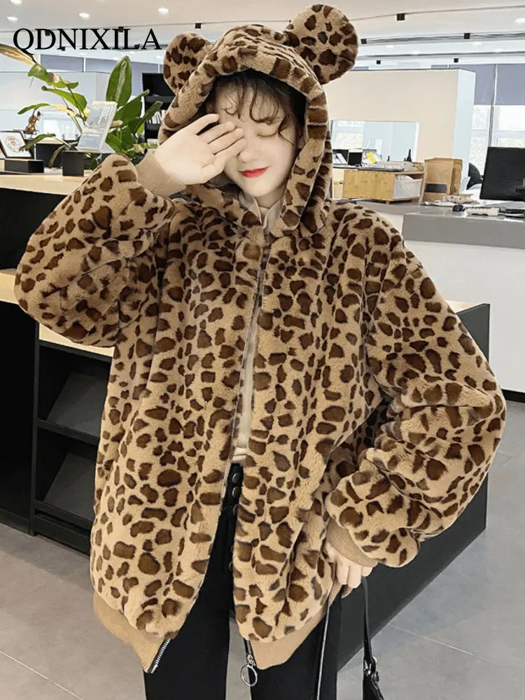 

Winter Jacket Women 2022 Faux Fur Coat New Outerwear Cute Bear Ears Plush Warm Hood Loose Coats Women's Jacket for Women