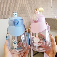 new 3d cute rabbit straw cup children portable cartoon bounce cover plastic bottle with rope kawaii straw water bottle drinkware
