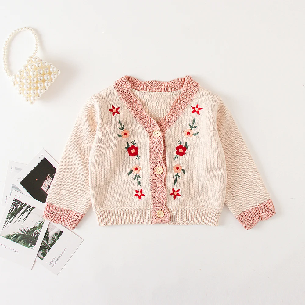 

Autumn Winter Infant Girl Baby Coat Flower Embroidered Knitted Sweater Cardigan Long Sleeved