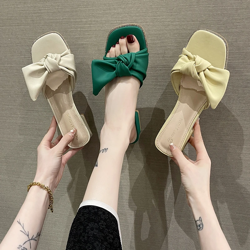 

Шлепанцы женские на квадратном каблуке, из ПУ кожи, с бантом-бабочкой