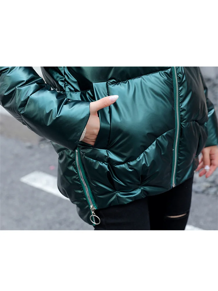 Glossy Free Wash Down Cotton Coat Women Green Stand Collar 2022 New Winter Korean Blue Short Bread Clothing Side Zipper Jackets