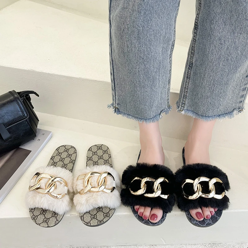 

Women Summer Brand Chain Slippers Flats Furry Sandals Outdoor Slides Slippers Beach Flip Flops Designer Shoes Big Size