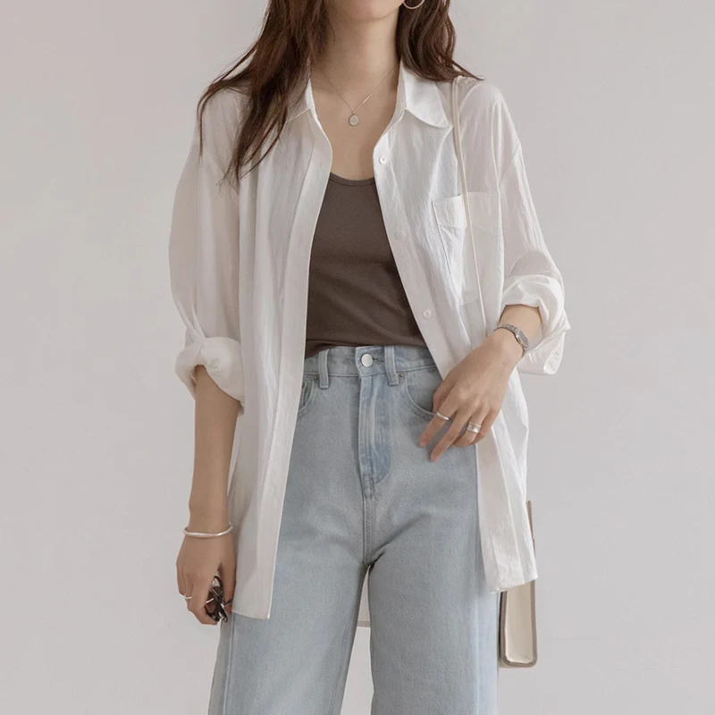 

Casual Pleated Sunscreen Shirt Fashion Long Sleeve Blouse Spring/Summer Loose Turn Down Collar Tops Blusas Mujer De Moda 27853