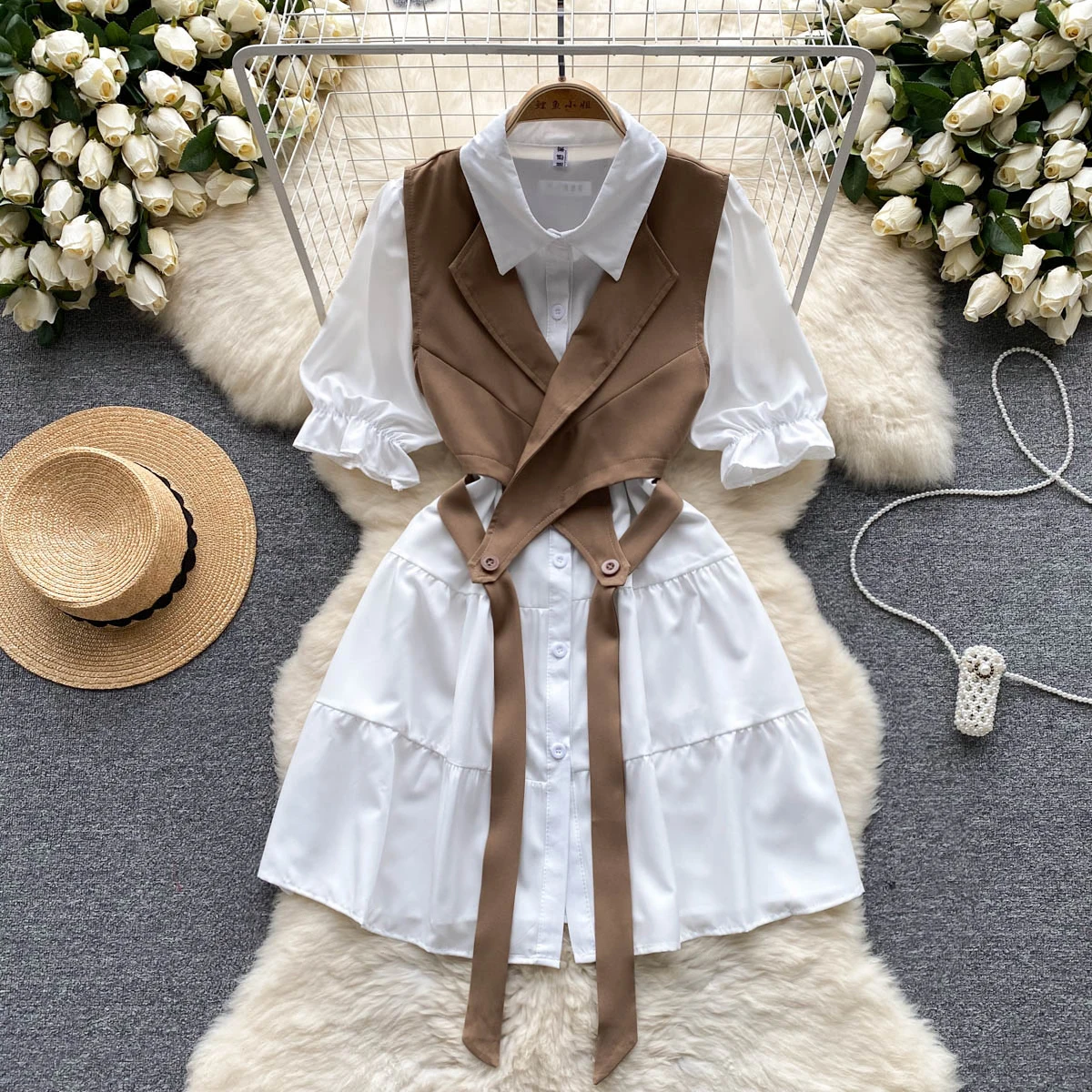 

Casual Chic Summer Puffy Short Sleeves White Shirt Dress + Criss-Cross Suit Vest Fashion Twinset Dress