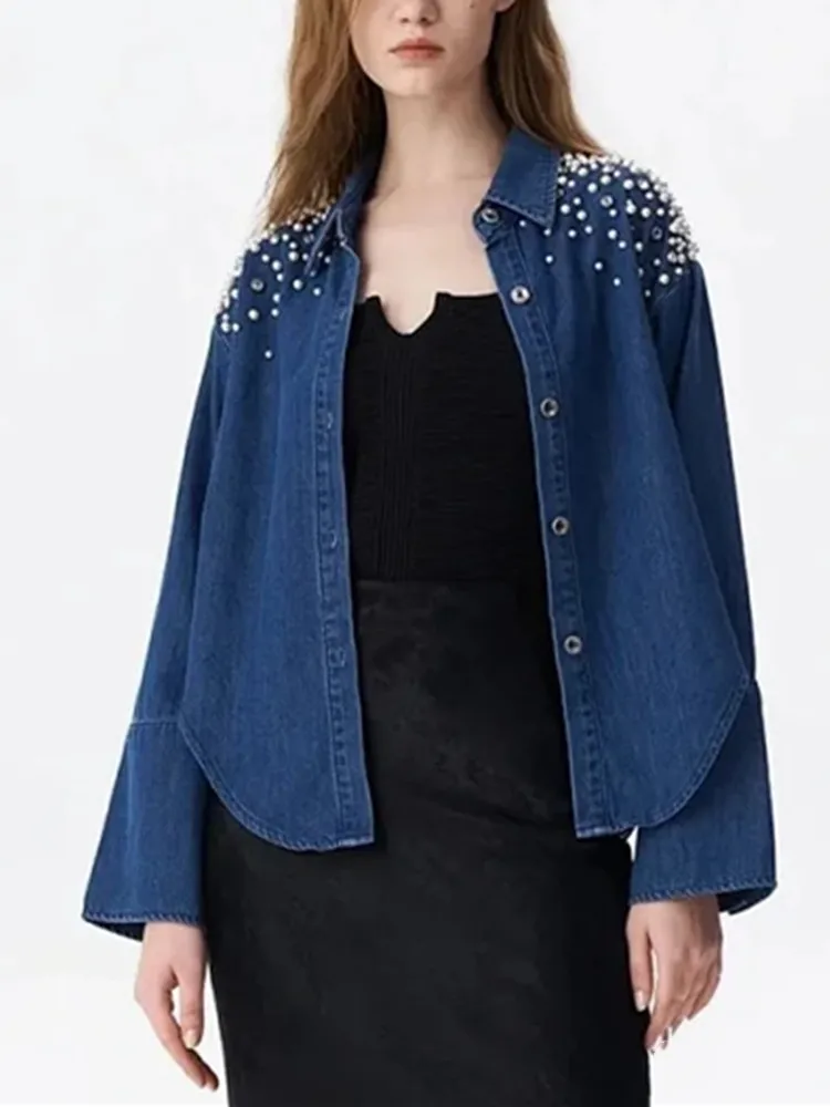 Pearl Decoration Women Blue Denim Coat Turn-Down Collar Long Sleeve Ladies Fashion Single Breasted Jacket 2023 Spring