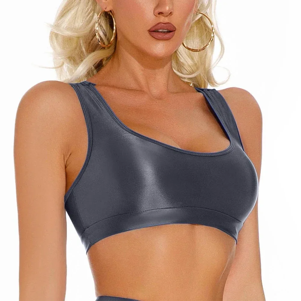 Сексуальный женский глянцевый укороченный топ с высоким вырезом короткий жилет