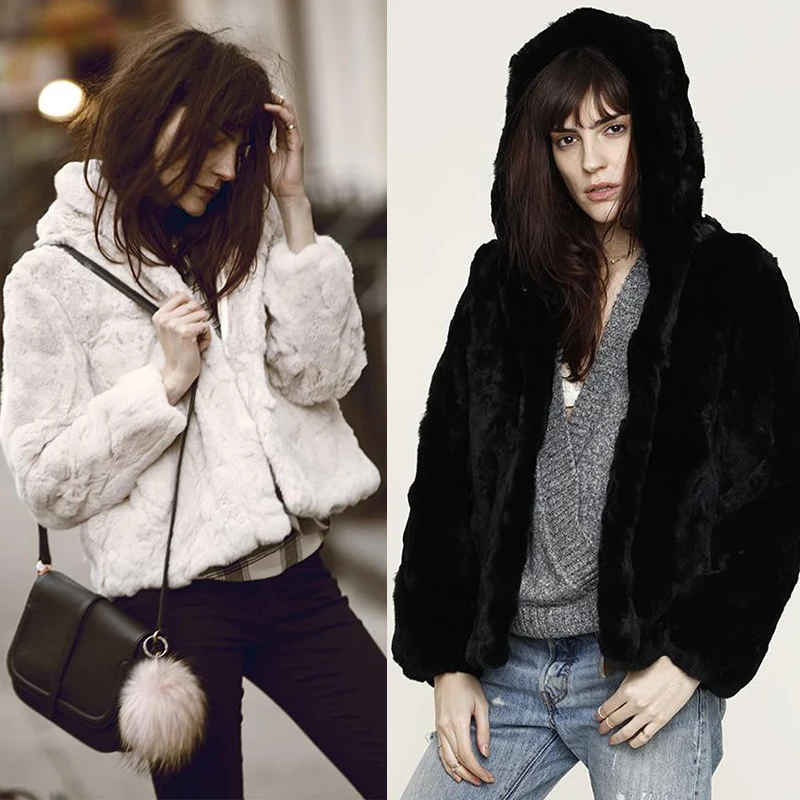 Women's Hooded Real Rabbit Fur Coat Natural Rex Rabbit Fur O-Neck Warm Jackets Fashion Rabbit Full Pelt Genuine Fur Outerwears