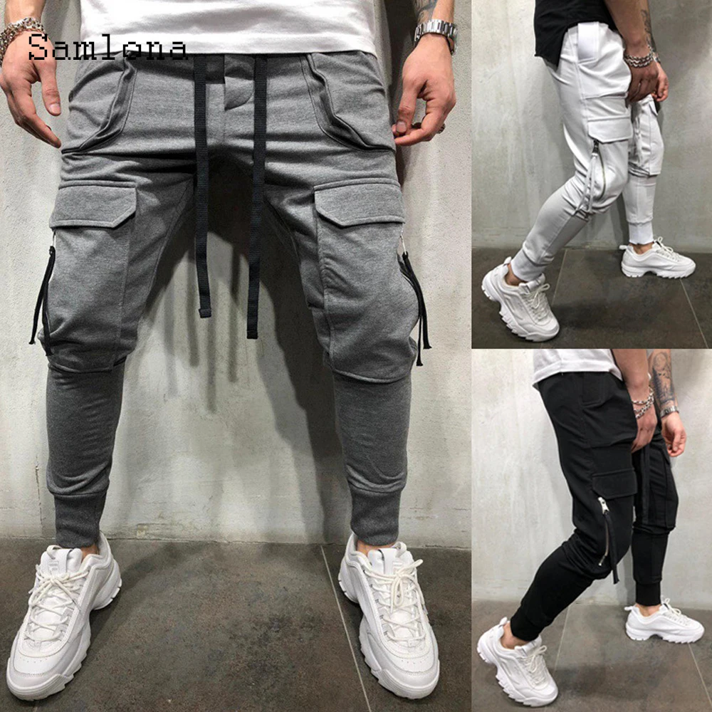 2022 European Style Model Zipper Pocket Jeans Men Simple Fashion Hip Hop Trousers Elastic Waist Cargo Pants Mens Streetwear