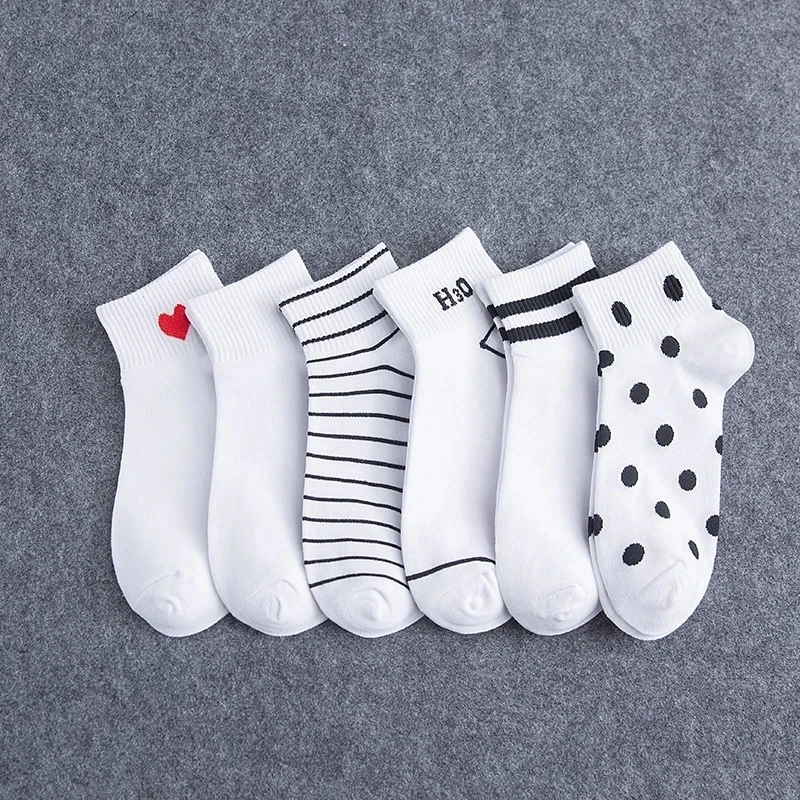 5 Pairs New Style Pure Cotton Trend Summer Women Girl Fashion Boat Socks Leisure Daliy Striped Love White Short Socks for Dress