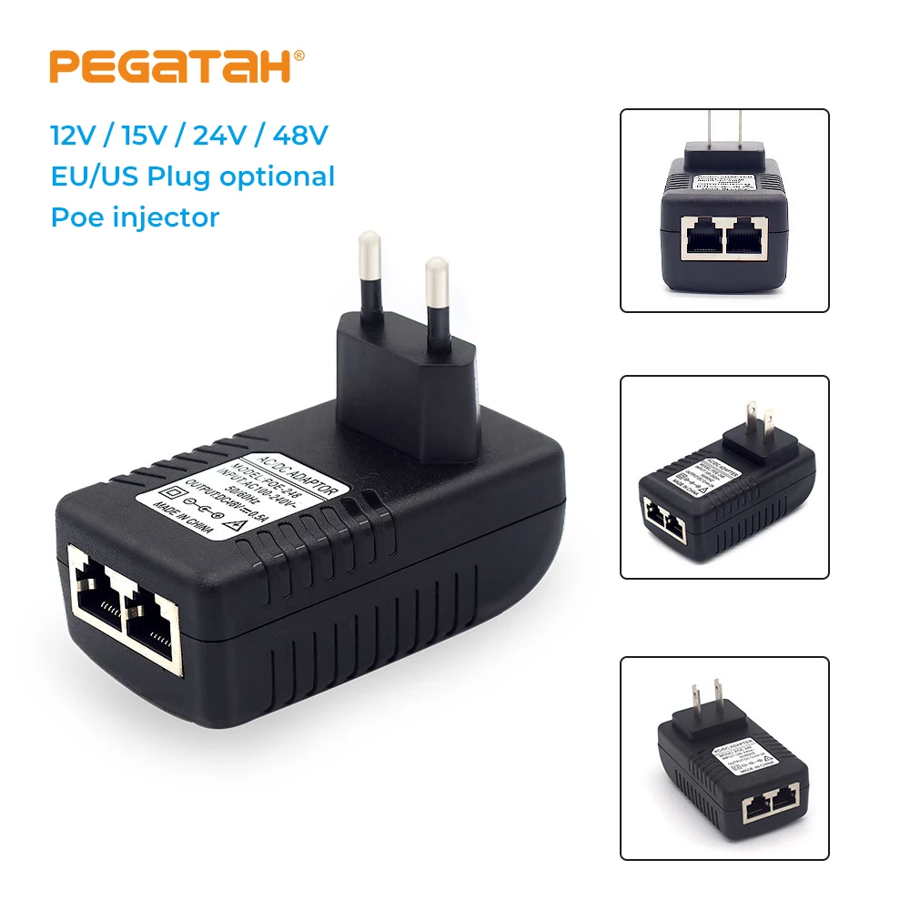 PEGATAH 100Mbps Passive POE Injector 12V2A/15V1A/24V1A/48V0.5A Output  For POE Cam POE Adapter For IP Camera AP
