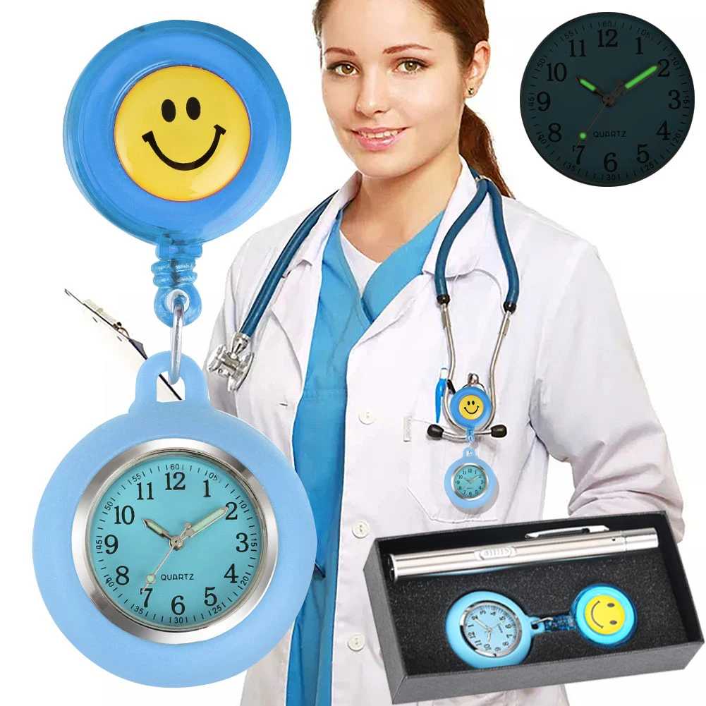 2PCS Nurse Watch Set with Clip-on Cute Smiling Brooch Pendant Hanging Pocket Watch Medical Led Flashlight Penlight for Doctor