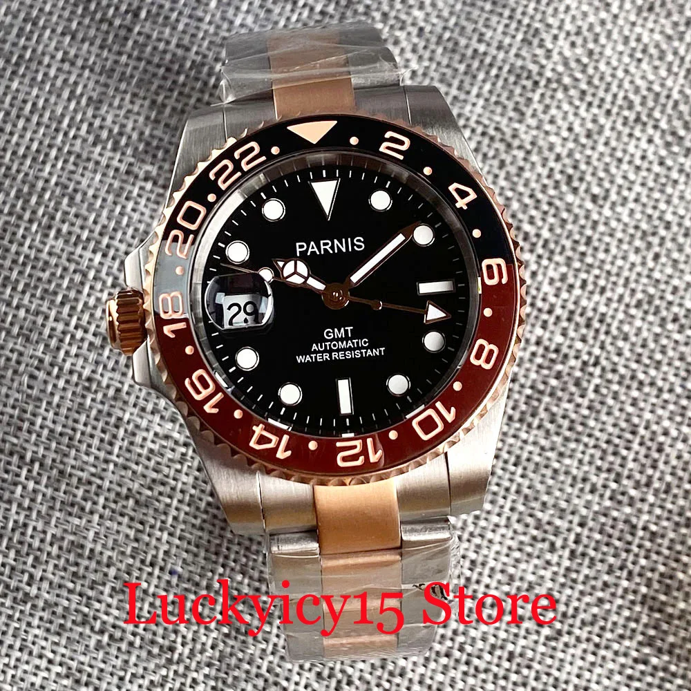

Мужские часы с сапфировым стеклом PARNIS, 40 мм, двусторонний золотистый стальной браслет с автоподзаводом, с сапфировым стеклом и короной 9 часов