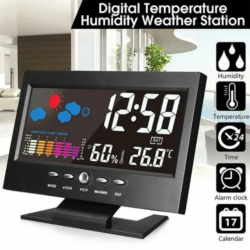 

LCD Back Light Indoor Weather Station Snooze Alarm Clock Time/Date/Week/Alarm/Temp/Humidity/Weather/Snooze Display Clock Home