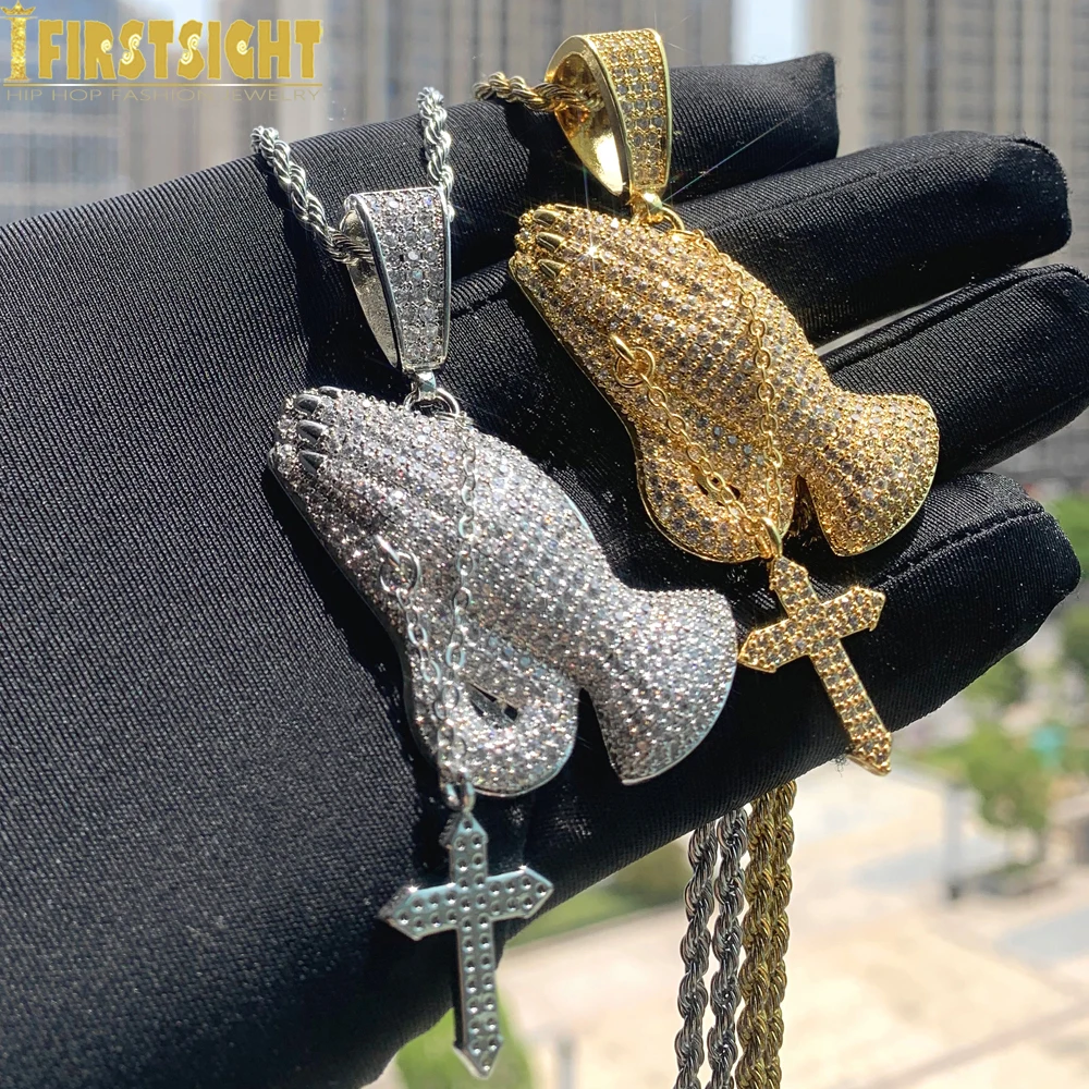 Iced Out Devout Hands Молиться Крест Кулон Ожерелье для Мужчин Зубец Оправа Кубический