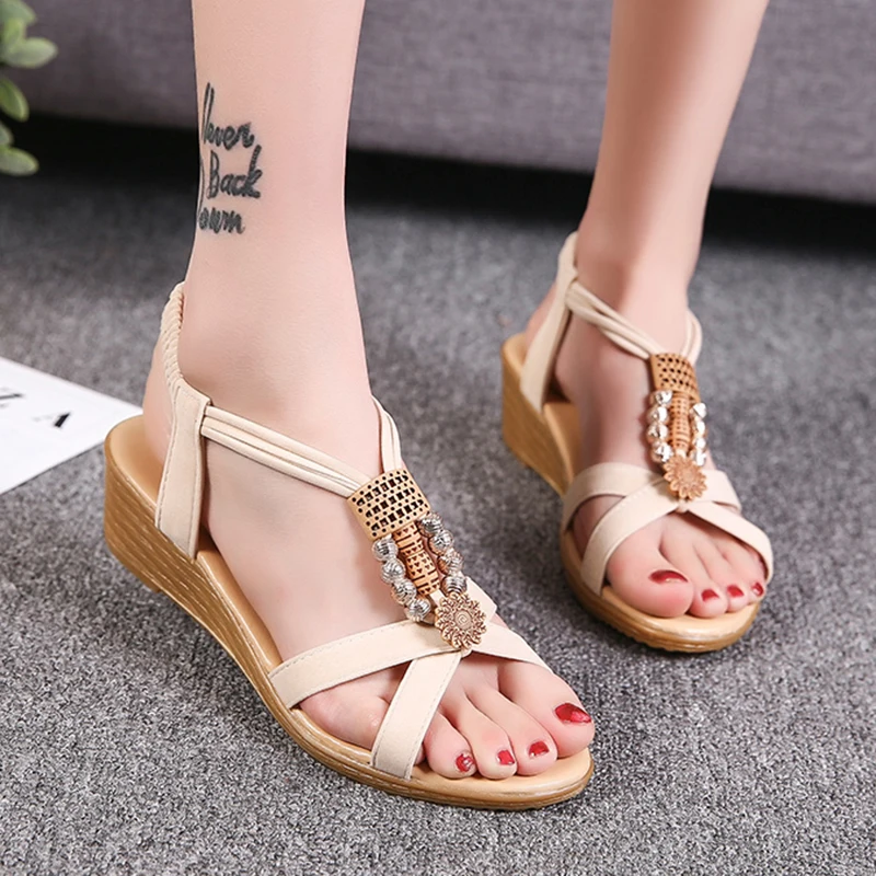 

Bohemian Wedges Sandals Women Summer 2022 String Bead Ankle Strap Rome Shoes Woman Casual Med Heels Beach Sandalias Mujer New