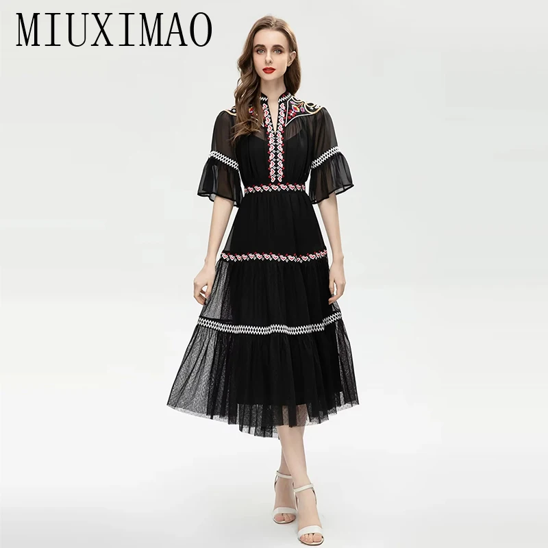 

MIUXIMAO 2023 High Quality Spring&Summer Elegant Dress Short Sleeve O-Neck Embroidery Irregular Fashion Long Dress Women Vestide