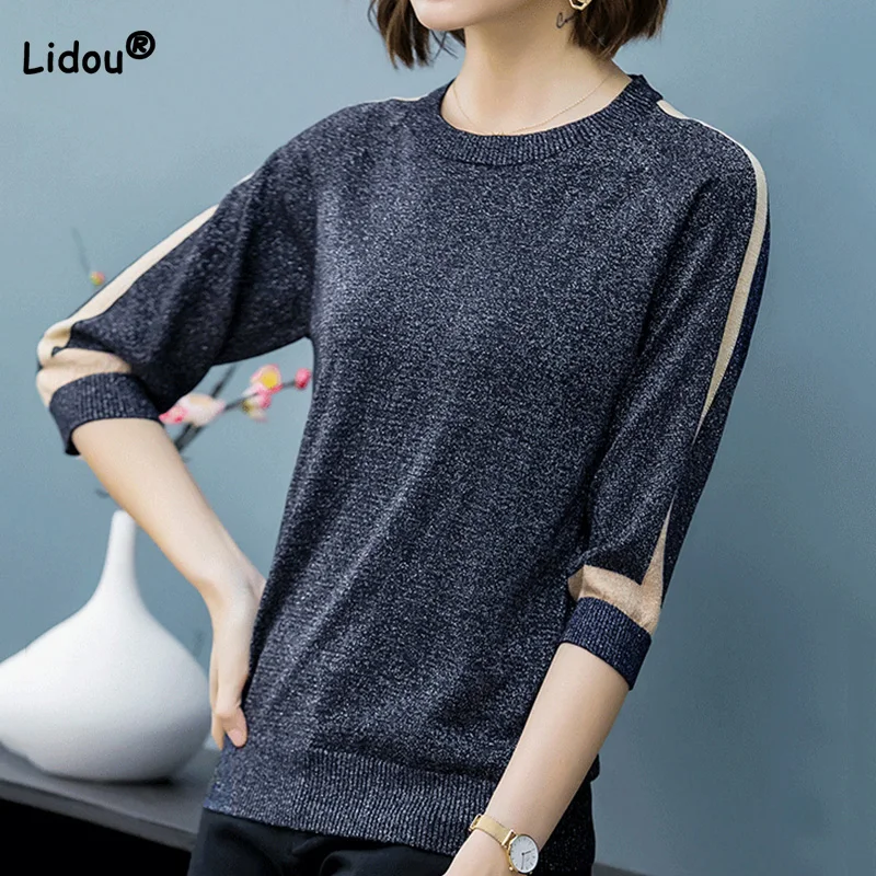

Ice Silk Thin Half Sleeve T-shirt Women Fashion Spring Summer O-Neck Bright Silk Loose Striped Long Sleeve Knitted Bottoming Top