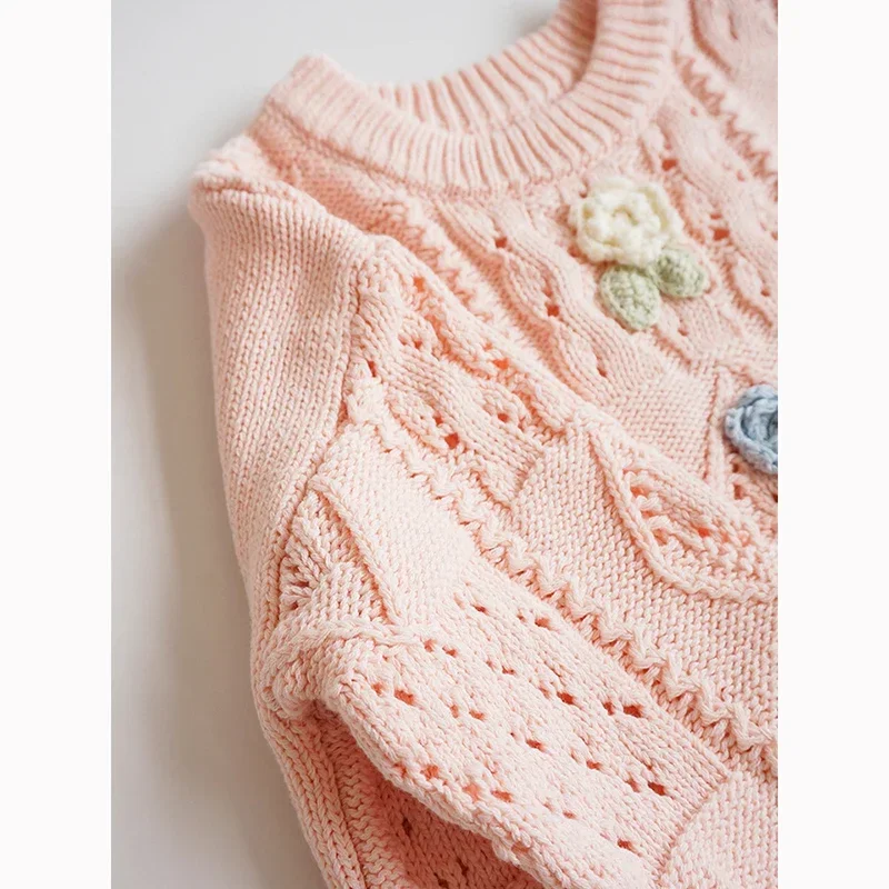 Вязаные свитера с цветочной вышивкой для девочек 1-6 лет Осень-зима детская одежда