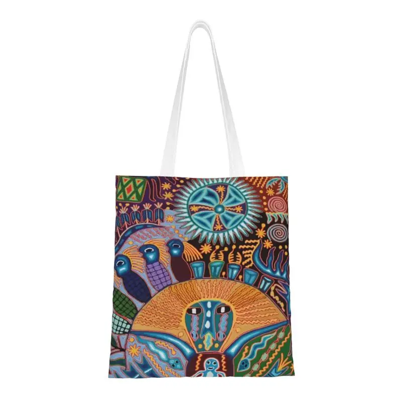 

Сумка для покупок Huichol с мексиканским искусством, Холщовая Сумка-тоут через плечо, портативная дорожная сумка-тоут с мексиканским черепом, ч...