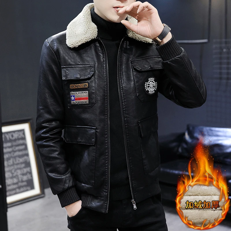 

2021 New Fur Collar Men s Faux Fleece Male Leather Slim Fit Coat Men Stand PU Coats Biker s Casual Motorcycle