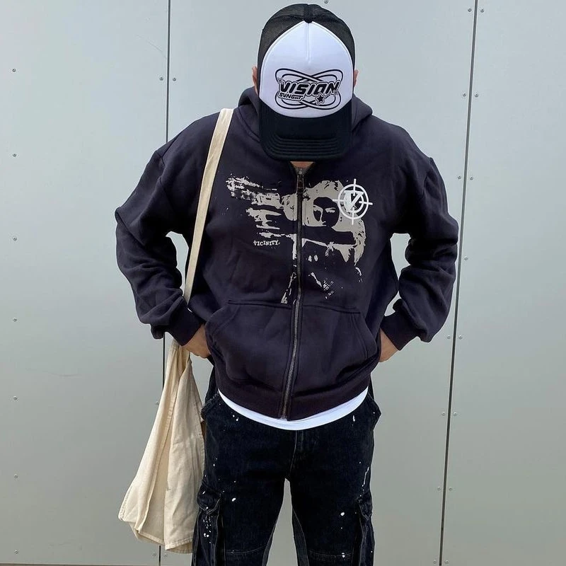 

Y2k Grunge clothes Sweatshirt Korean Fashion Punk Sport Coat Pullover Anime print Gothic Streetwear Long Sleeve Black Zip Hoodie