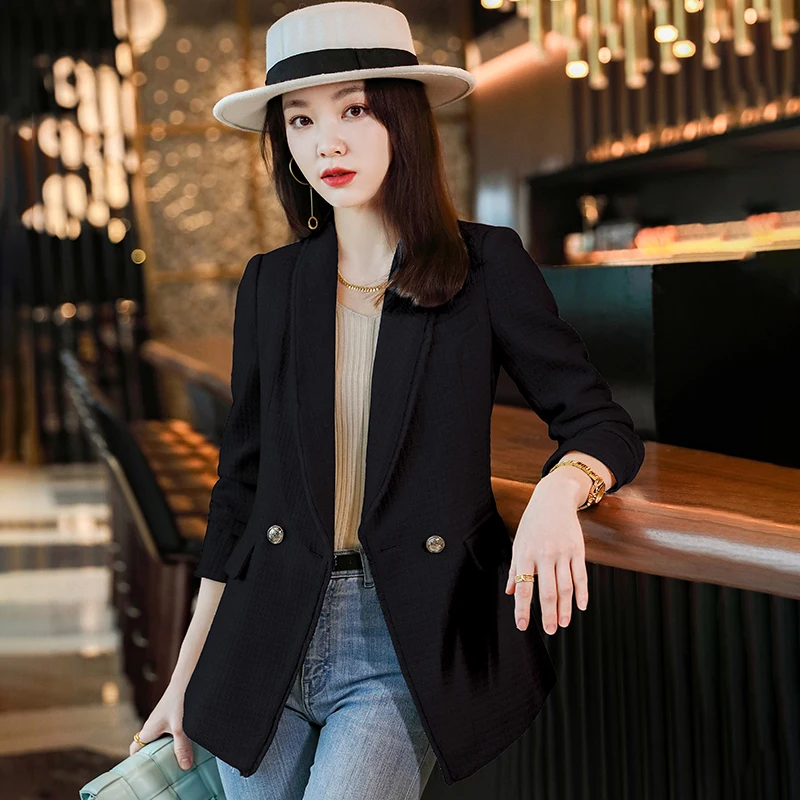Spot wholesale black hooded suit coat (female) autumn 2022 new small Korean loose casual double breasted suit trendy top
