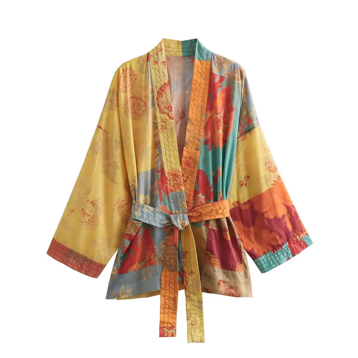 

TRAF Women Vintage Cloth Patchwork Print Loose Belt Kimono Smock Blouse Female Cardigan Shirts Chic Chemise Blusas Tops